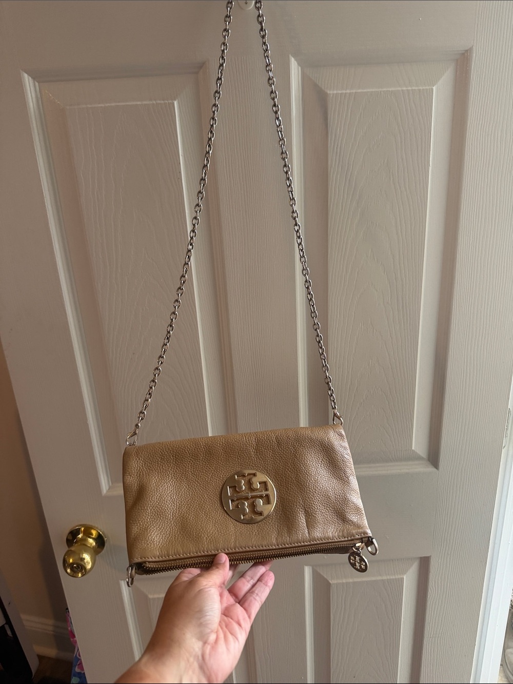 Tory Burch Amanda Foldover Pebbled Leather Crossbody Bag Clutch Tan